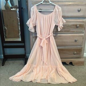 Aura Pleated Orange and Pink Midi Dress with Puff Sleeves